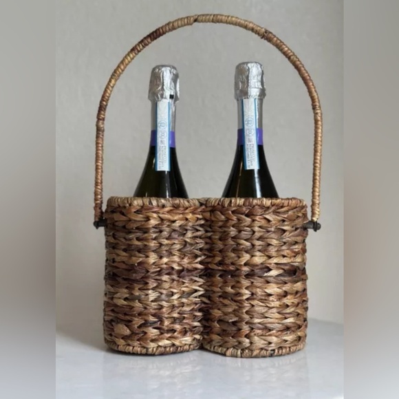 Vintage Boho 2 Wine Bottle Holder Carrier Woven Rattan Wicker Basket Bar Decor - Picture 9 of 12